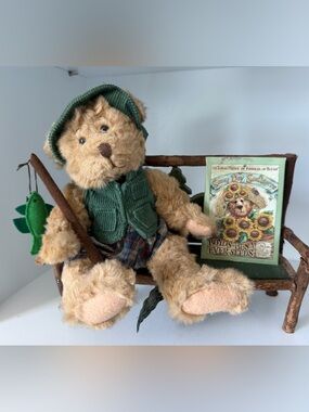 Russ Berrie Montana Fisherman Bear with Wilderness Bench